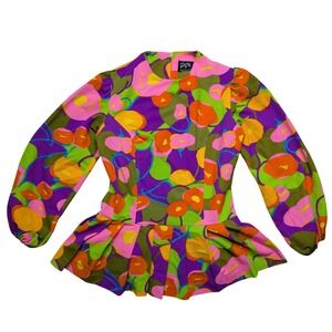 Vintage Zazie Small Bright Rainbow Floral 90s Long Sleeve Peplum Fitted Top